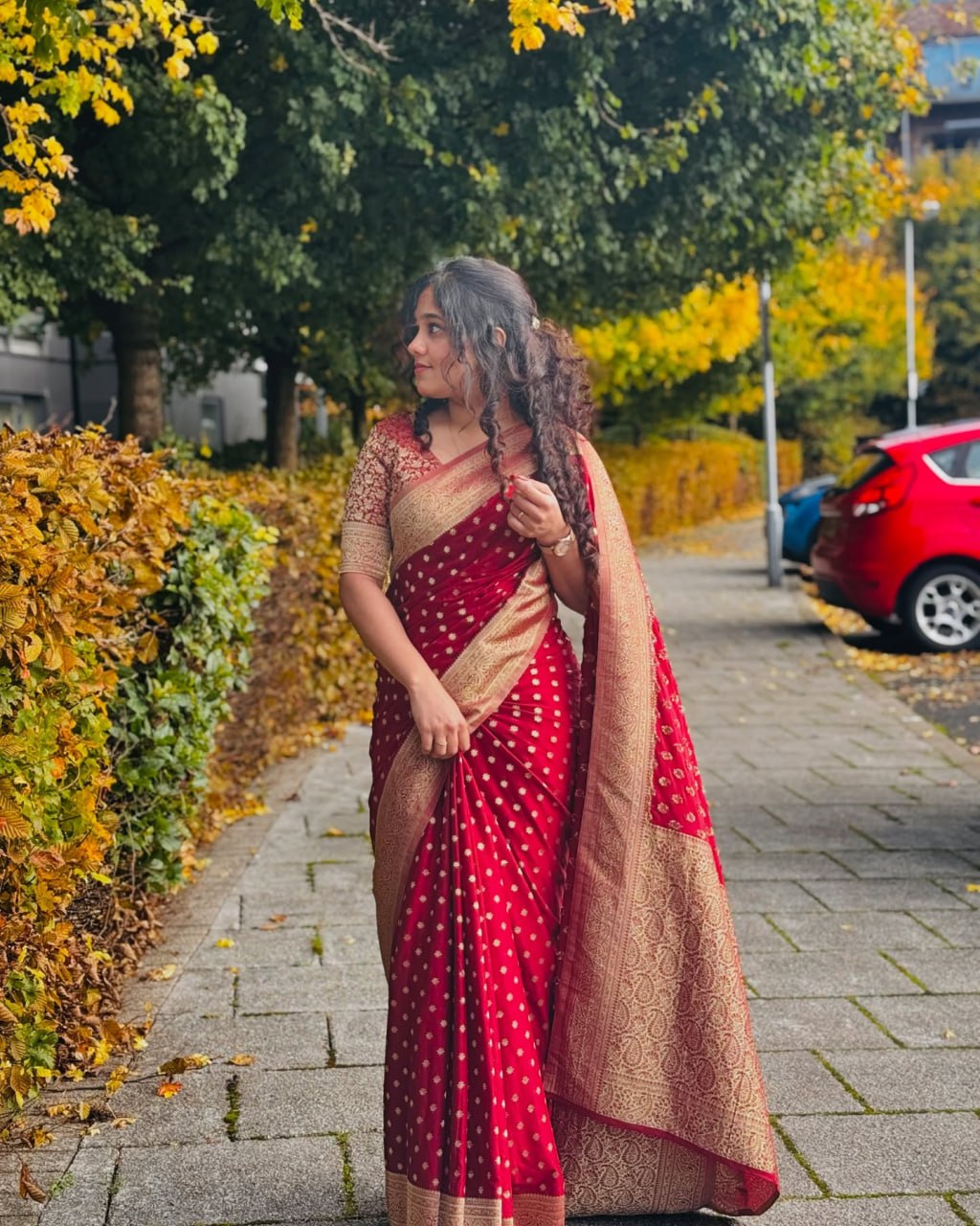 Royal Ruby Red Banarasi Saree with Gold Zari Accents