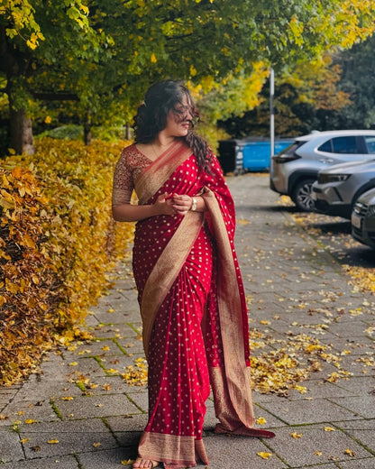 Royal Ruby Red Banarasi Saree with Gold Zari Accents