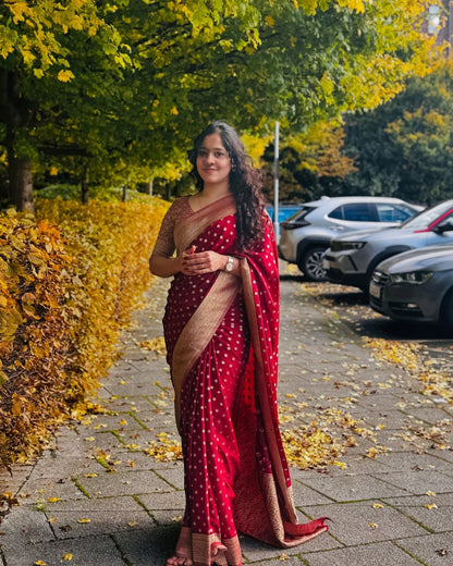 Royal Ruby Red Banarasi Saree with Gold Zari Accents