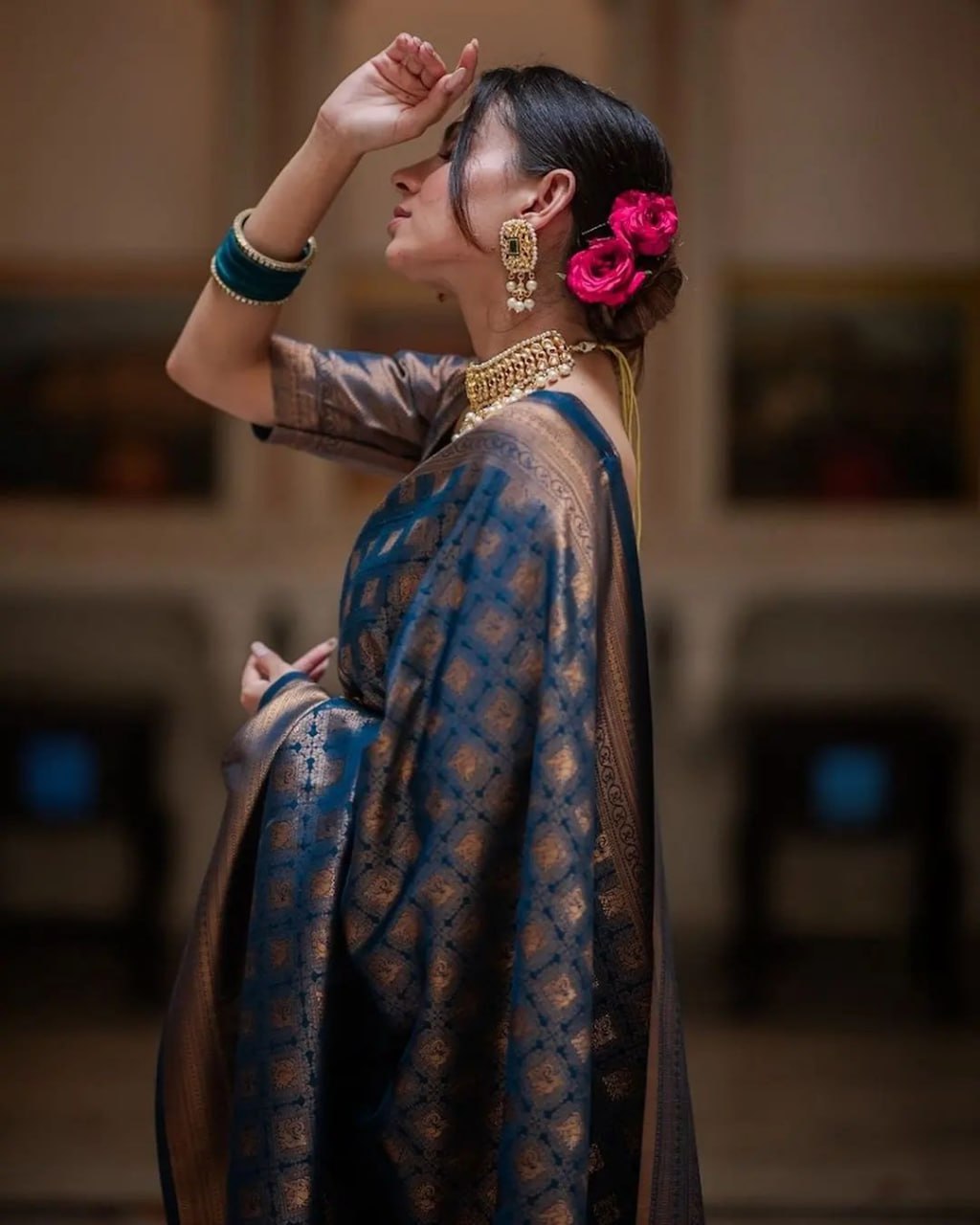 royal blue and gold Banarasi silk saree