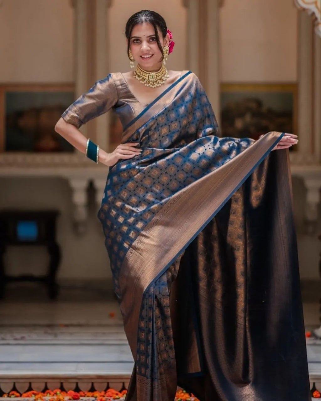 royal blue and gold Banarasi silk saree