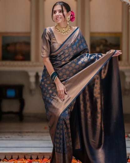 royal blue and gold Banarasi silk saree