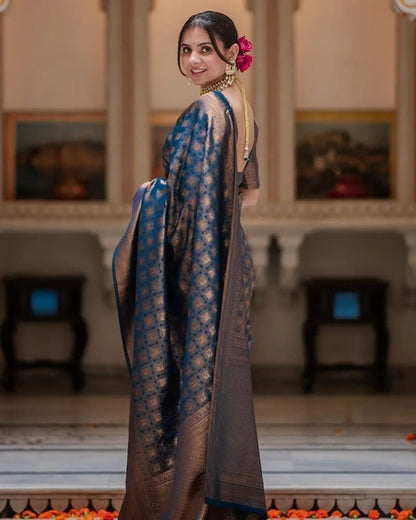 royal blue and gold Banarasi silk saree